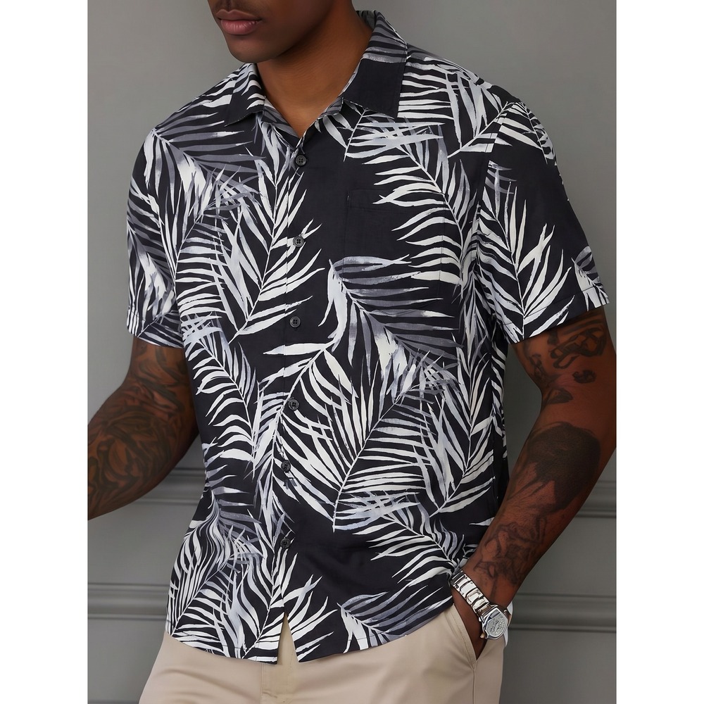 Tommy Bahama Silk Palm Leaf Camp Shirt Medium Black White Original Fit Tropical